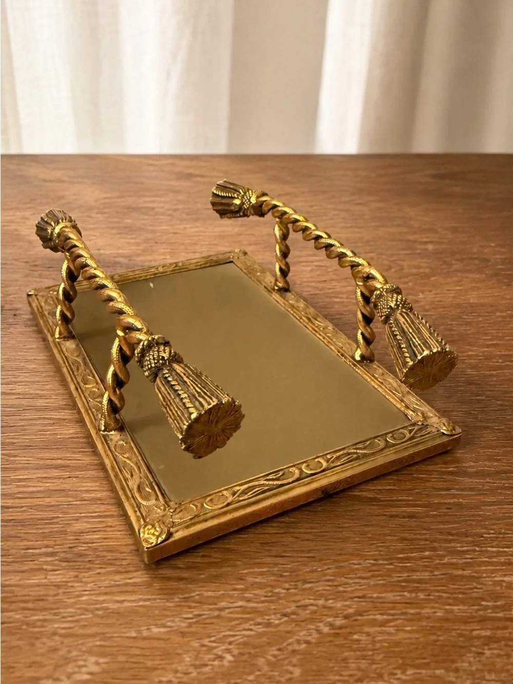 Vintage Brass Napkin Holder Mirrored Tray Tassel Handles Hollywood Regency Decor